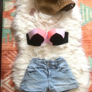 Bandeau swim top -Coral, black and lilac 34DD